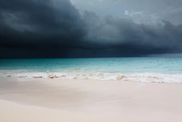 beach, blue, caribbean, blue sky, clouds, cloudscape, dark, hurricane, ocean, sand, nature, sea, shore, sky, tropical storm, water, waves, weather. A Miami self-storage hurricane checklist for Florida operators